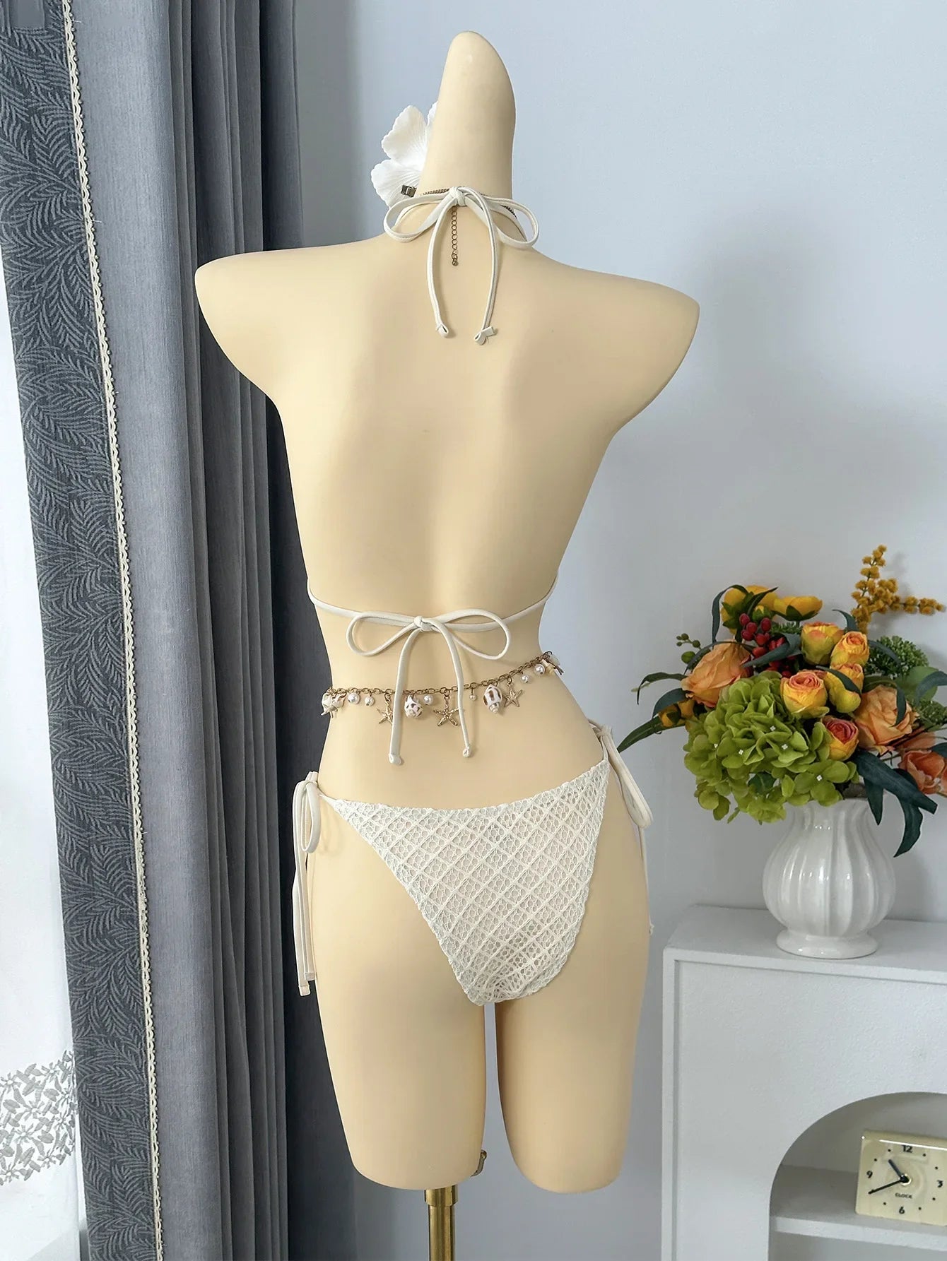 Vintage Beige Black Mesh Skirt 3 Piece Bikini Set 2026 Women Metal Chain Strap Push Up Bra Swimsuit Beach Bathing Suit Swimwear