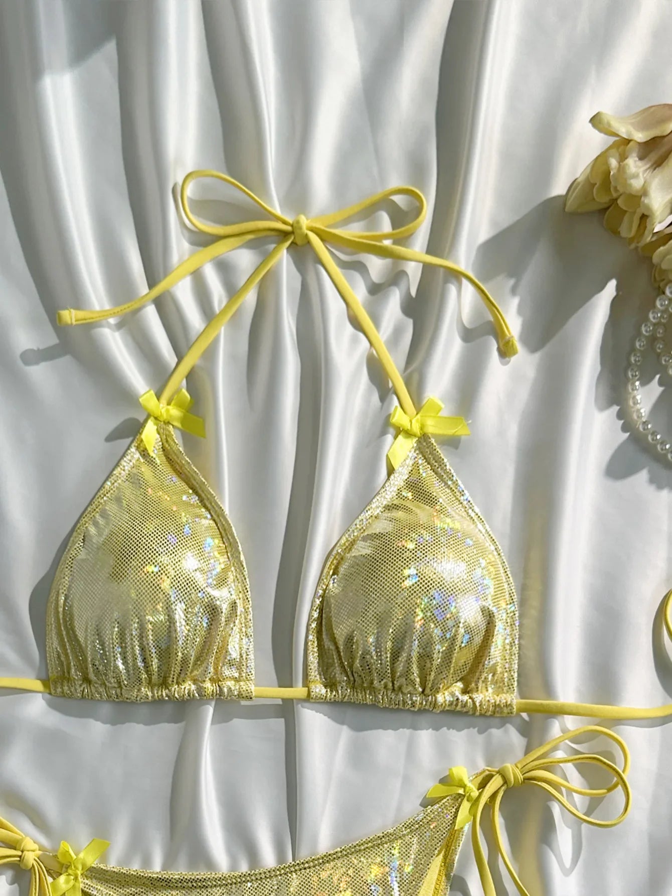 Shiny Pink Bikini 2025 Women Sexy Brozing Tie Bow Strap Push Up Micro Swimsuit Brazilian Bathing Suit Tie Side Triangle Swimwear