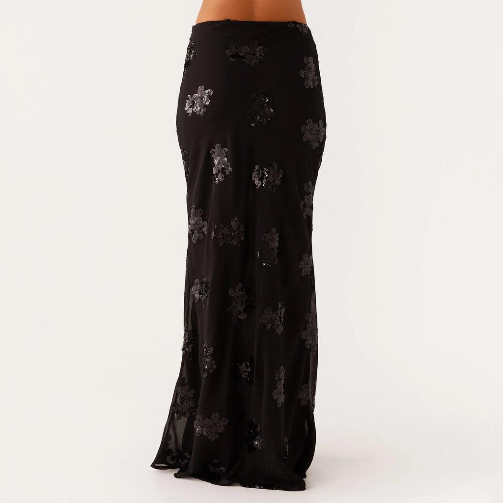 Elegant Sequin Long Skirts for Women Vintage Y2K Stylish Sequined Flowers Slim Fit Low Rise Maxi Skirt for Party Clubwear