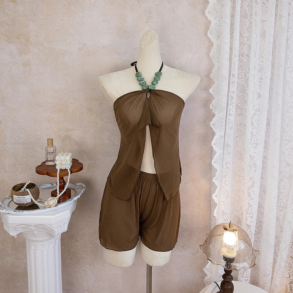 Sexy Coffee Bikini Set 2026 Women Luxury Pearls Strap Cover Up High Waist Short Two Piece Swimsuit Beach Bathing Suit Swimwear
