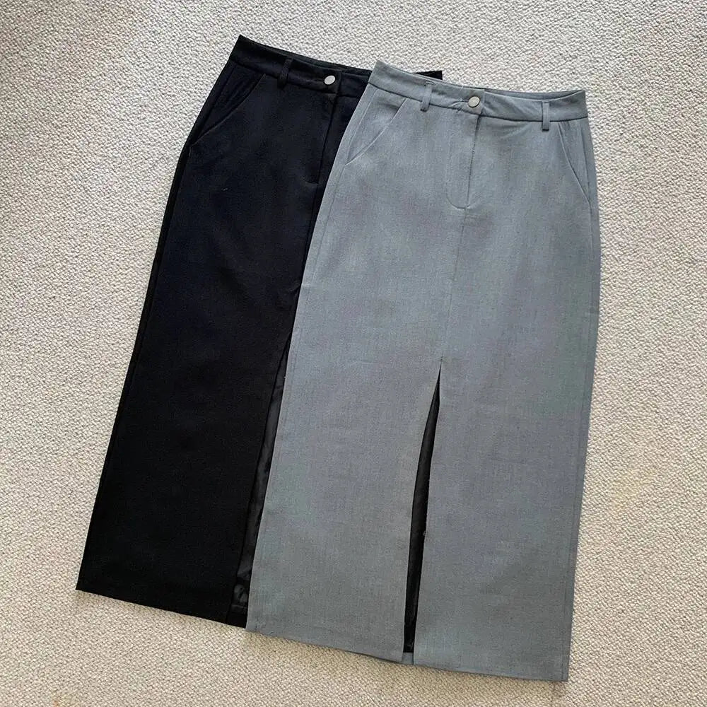 WOMENGAGA Retro High Waist Half Skirt Girl Bifurcate Slim A-LINE Gray Skirts Fashion American Spicy Girls 2023 New 5P2F