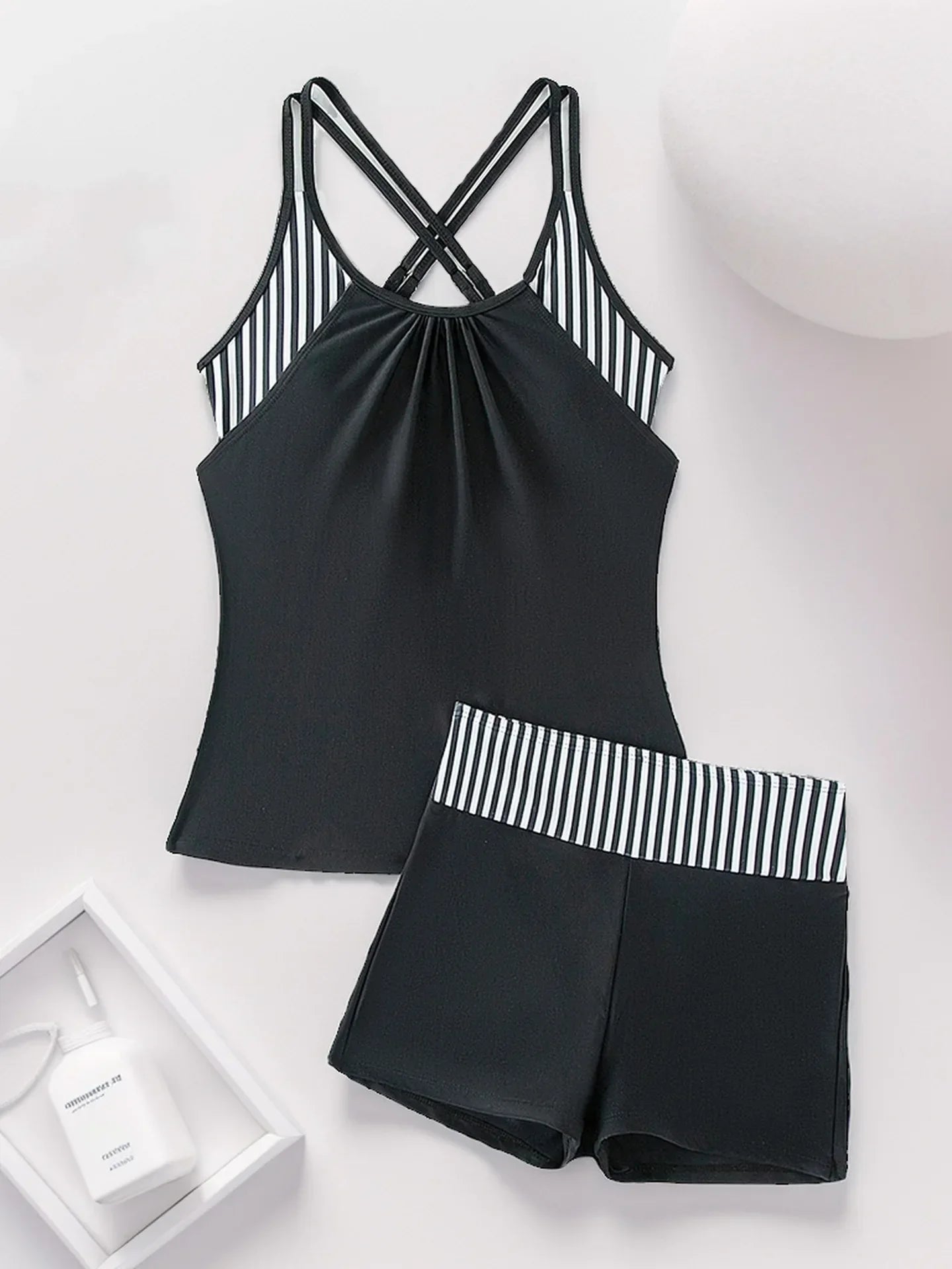 Women's Conservative Two Piece Swimsuit Black Stripe Print Patchwork Crop Top Tankini Set Beach Bathing Suit High Waist Swimwear