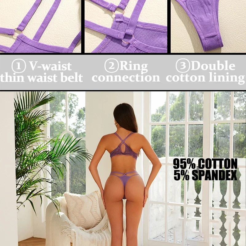 2PCS Women Sexy Cotton Panties Two Belts Hollow Out G-String Thongs Breathable Underwear for Female Solid Color Lingerie S-XL
