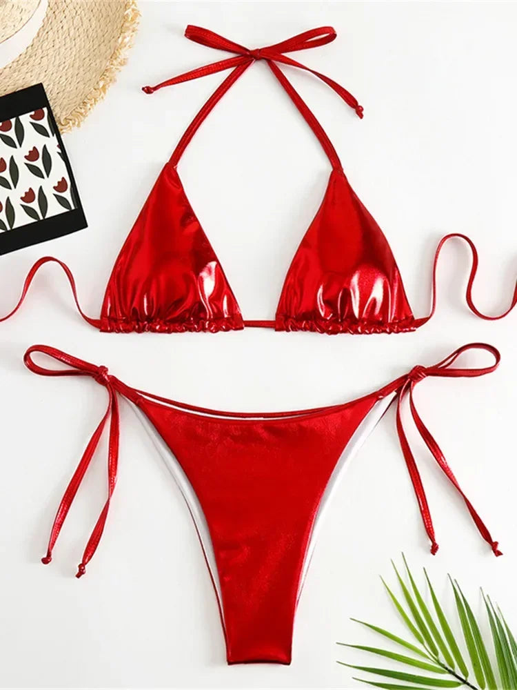 Sexy Brozing Gold Bikinis Sets Women Push Up Micro Bikini Swimsuit 2026 Brazilian Beach Bathing Suit Tie Side Triangle Swimwear