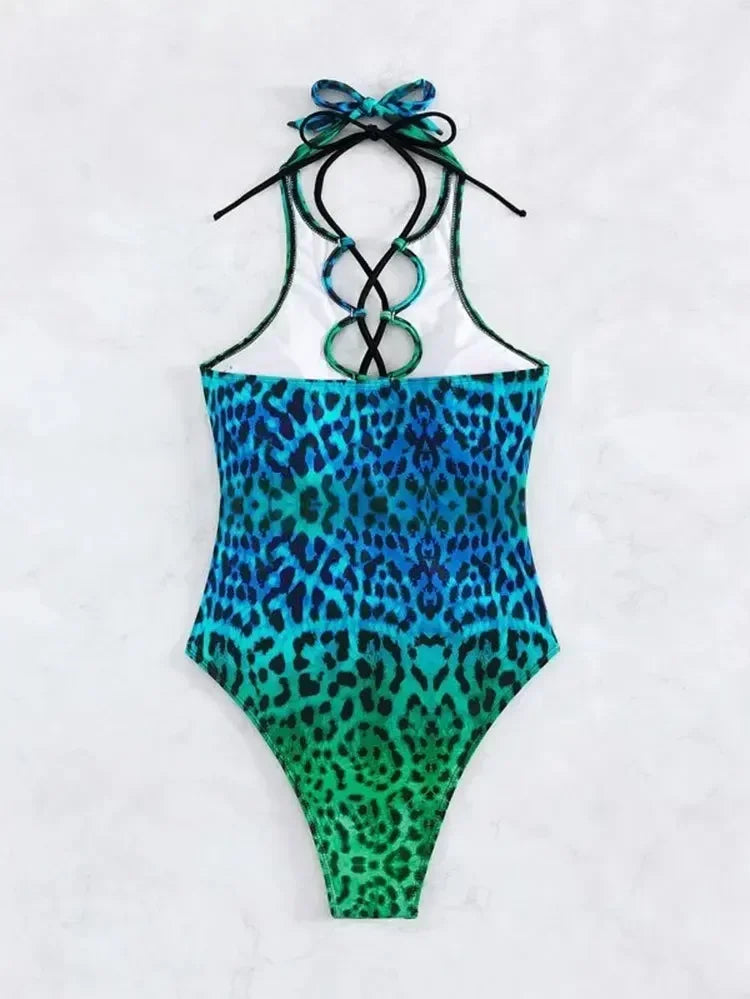 Sexy Hollow Out One Piece Swimsuit 2025 Women Blue Leopard Print Gradient Bandage Backless Bikini Bathing Suit Thong Swimwear