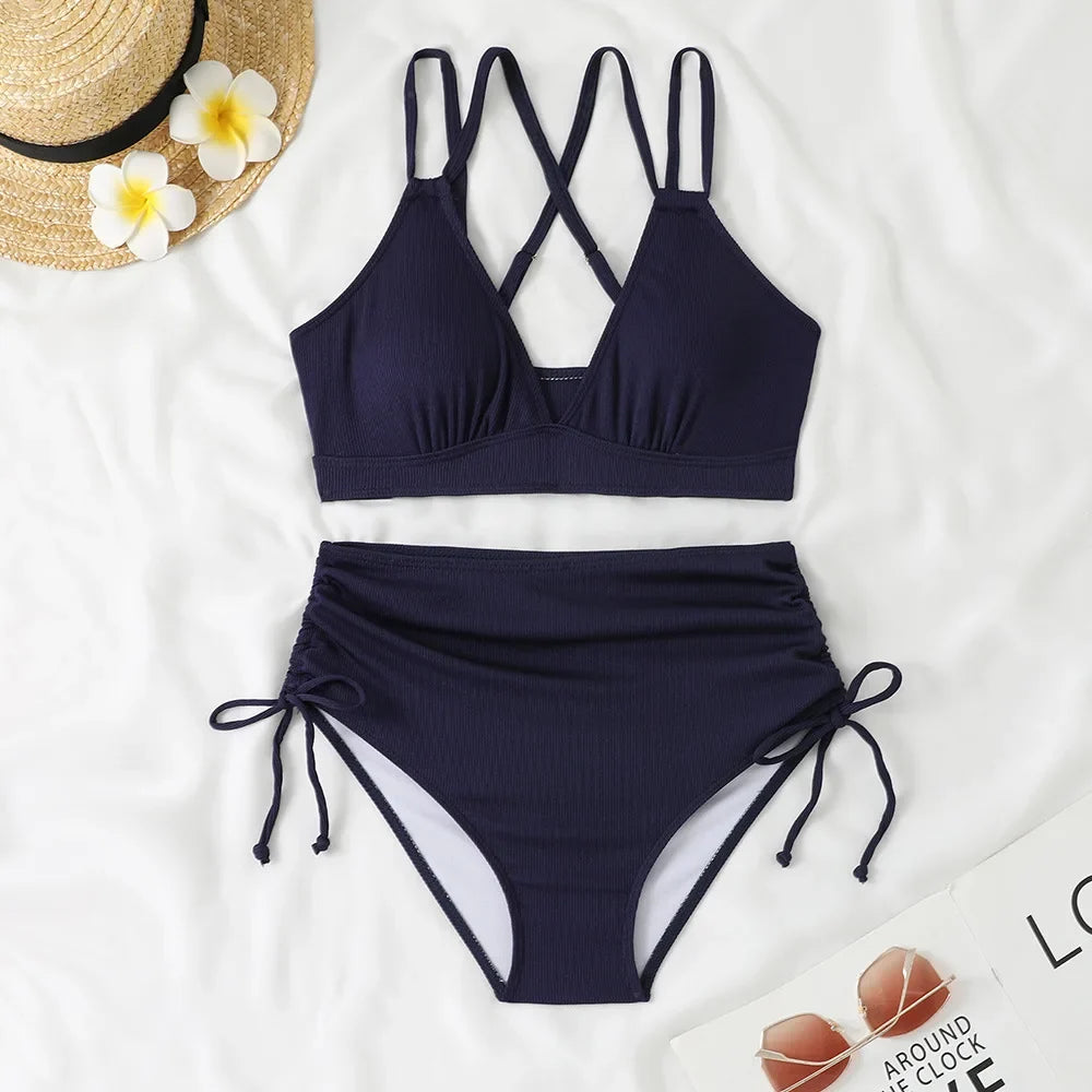 Women's Two Piece Swimsuit Black Double Strap Push Up Pleate Drawstring Side High Waist Bikini 2025 Beach Bathing Suit Swimwear