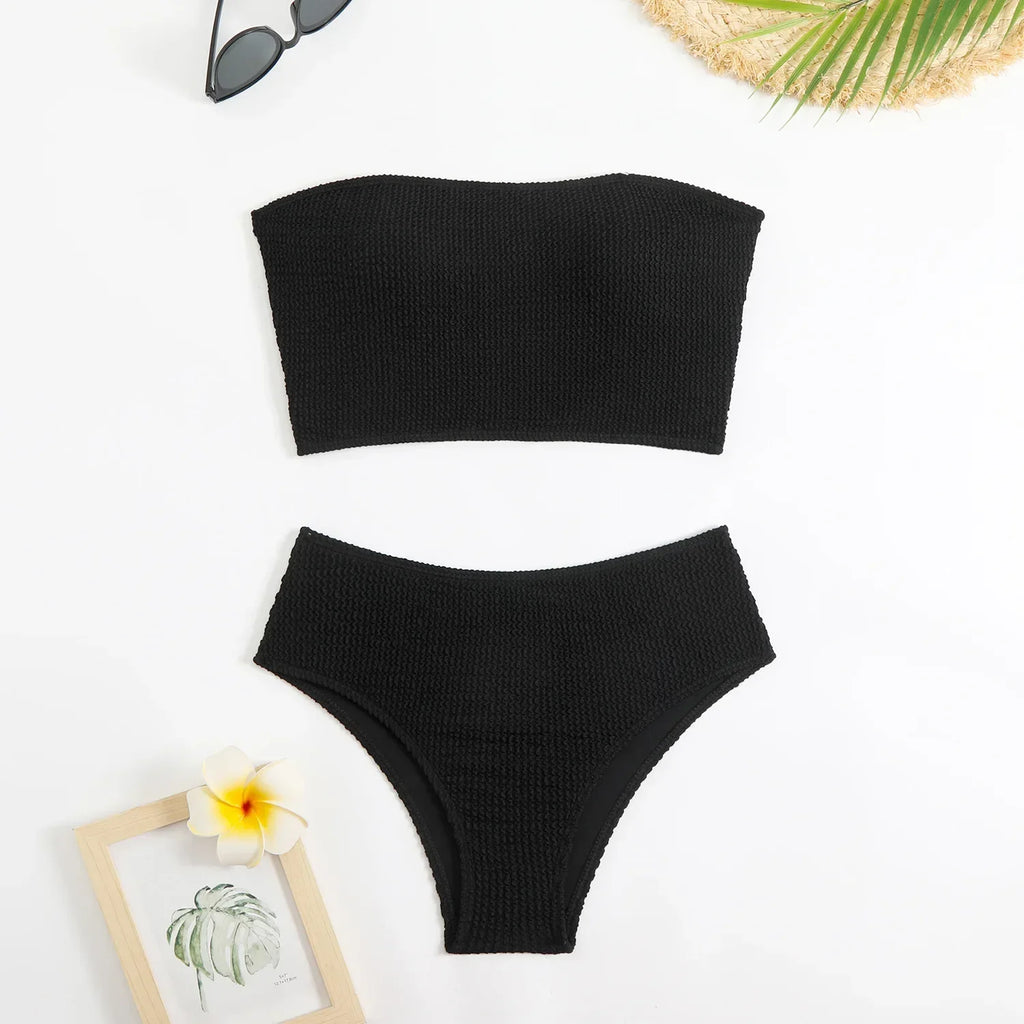 Sexy Bandeau Bikini 2025 Mujer Women Black Ribbed Push Up High Waist Swimsuit Summer Beach Bathing Suit Holiday Swimwear Biquini