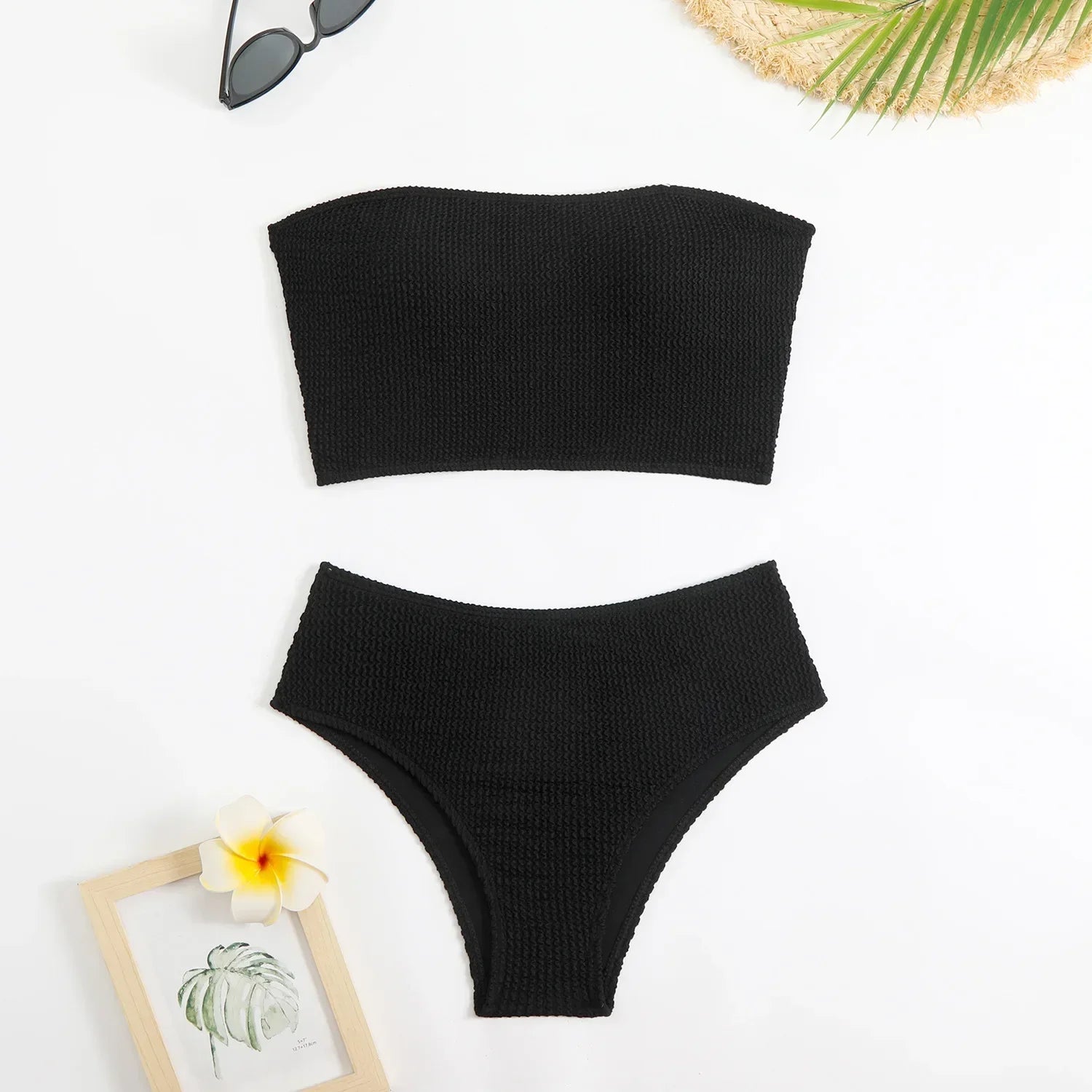 Sexy Bandeau Bikini 2025 Mujer Women Black Ribbed Push Up High Waist Swimsuit Summer Beach Bathing Suit Holiday Swimwear Biquini