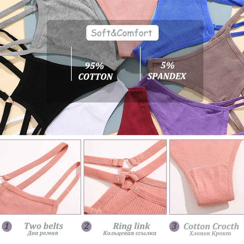 2PCS Women Sexy Cotton Panties Two Belts Hollow Out G-String Thongs Breathable Underwear for Female Solid Color Lingerie S-XL