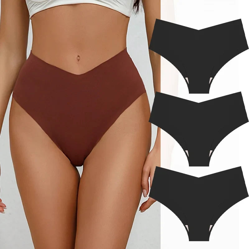 3PCS Women's Seamless Maillard Underwear Sexy V-Shaped Mid Waist Ice Silk Briefs 10 Soild Color Cozy Stretch Sexy Underpant S-XL