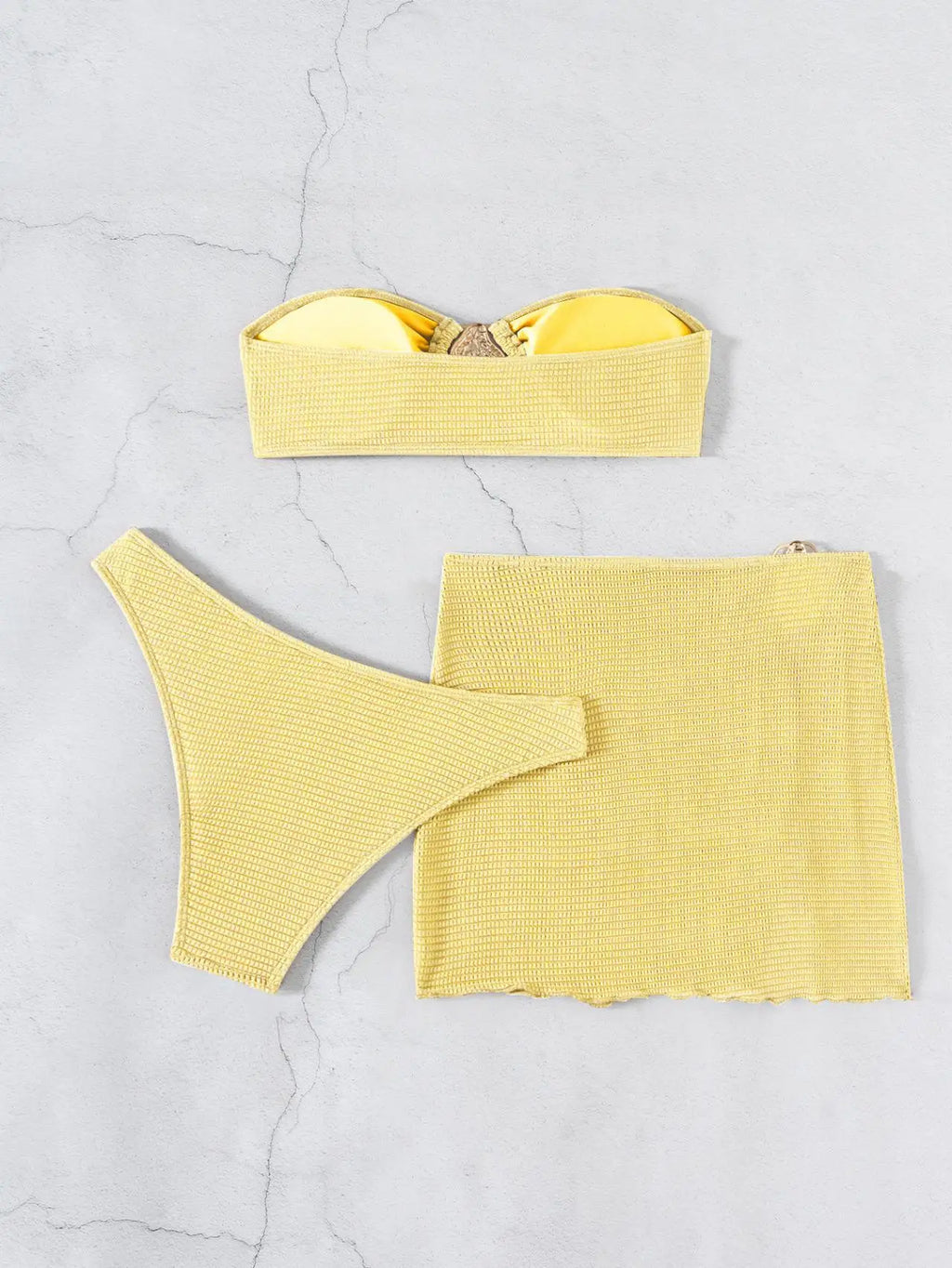 2026 New Sexy Bandeau Bikini Women Metal Water Droplet Ornament Push Up Mesh Skirt 3 Piece Swimsuit Beach Bathing Suit Swimwear