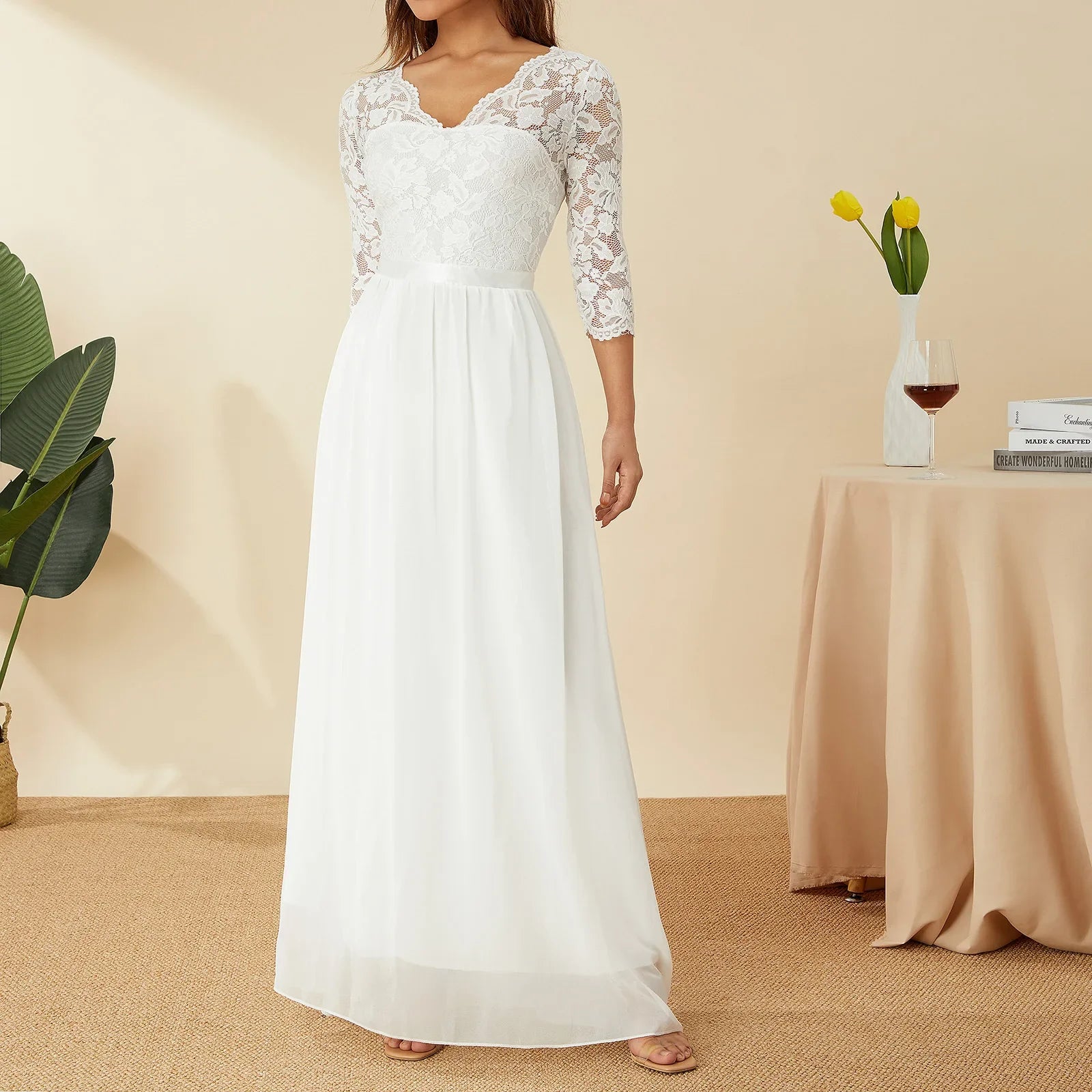 Elegant Lace Chiffon A-Line Long Dresses Women Wedding Dress Bridesmaid Dresses V-neck Mid-Sleeve Backless Zipper Female Dress