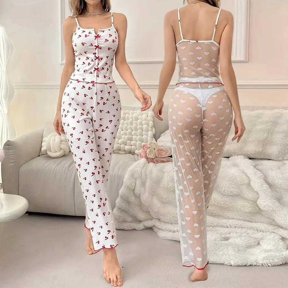 2-Piece Women's Sexy Transparent Mesh Lace Set with Ribbed Printed Strap Top and Pants Home Clothes Pajama Set