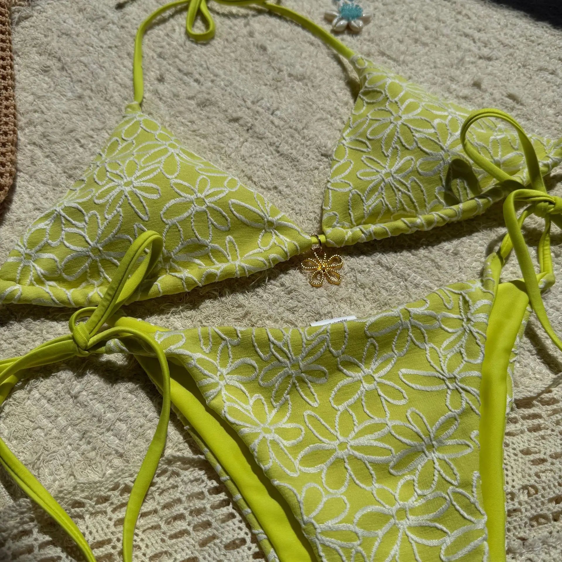Sexy Pink Mesh Flower Bikini Set Women Halter Push Up Bra Bandage Triangle Swimsuit 2025 Summer Bathing Suit Vacation Swimwear