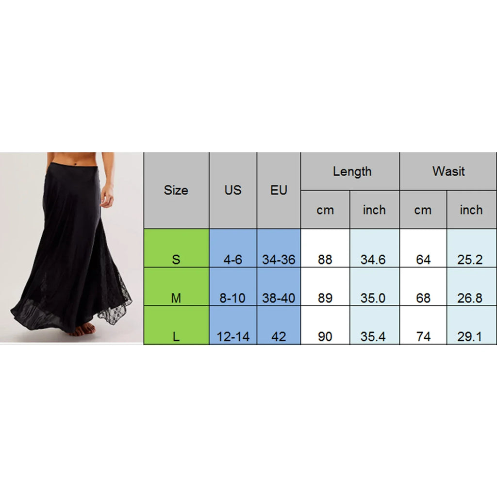 Solid Women Long Skirts Summer Elegant Low Waist Lace Satin Patchwork Skirts with Lace Flower Vintage Skirts Ball Gown Skirts