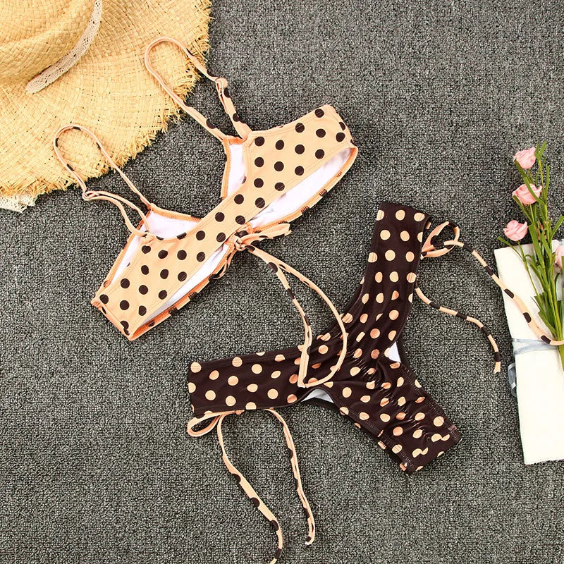 2026 New Sexy Low Bikini Set Swimwear Women Print Floral Brazilian Halter Backless Swimsuit Strappy Beachwear Dot biquini female