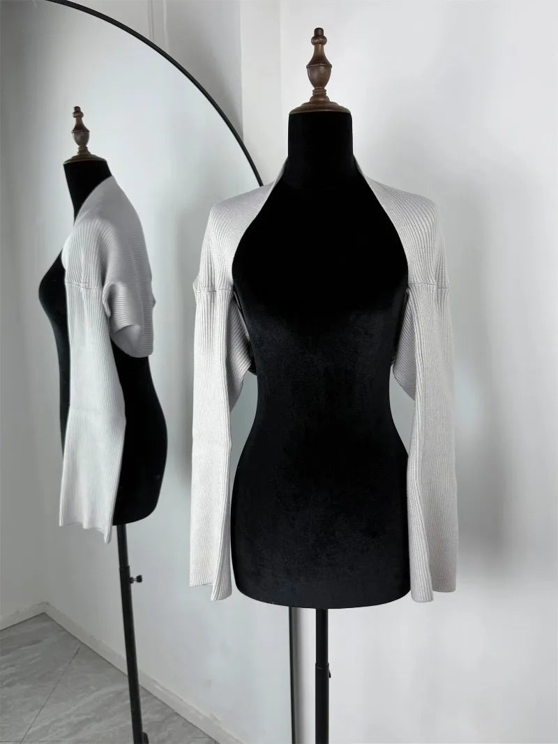 Trendix Knit Tank Top Sets For Women Fashion High Neck Vest And Long Sleeve Shawl 2 Piece Suits Sexy Backless Knitwear Top Femme