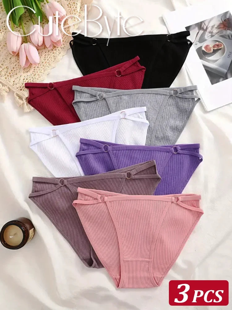 3Pcs Women Cotton Lingerie Sexy Soft Fashion Panties Femme Buckle Design Underwear Pantys Underpant Lingerie Lace Intimates S-XL