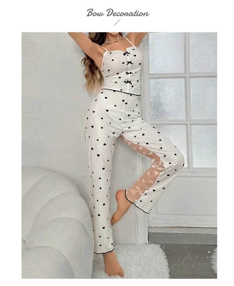 2-Piece Women's Sexy Transparent Mesh Lace Set with Ribbed Printed Strap Top and Pants Home Clothes Pajama Set