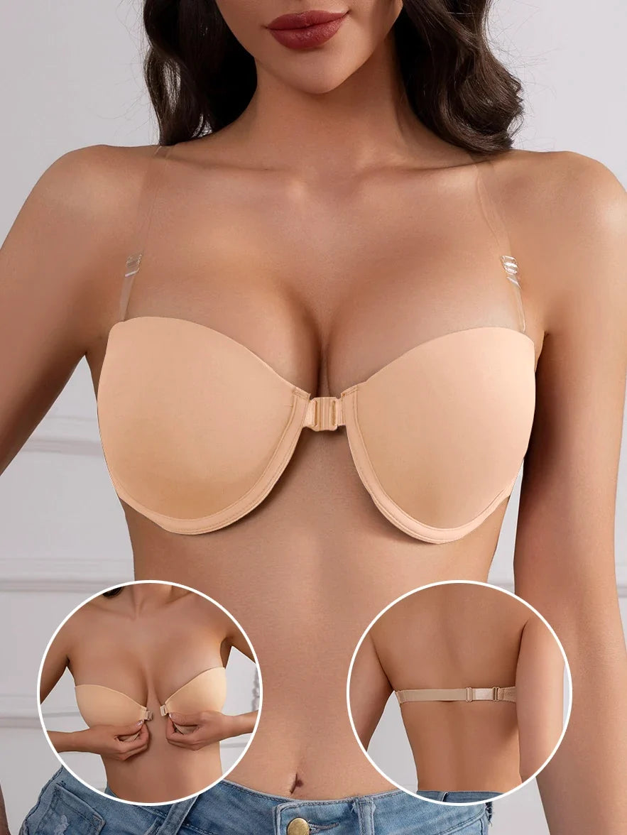 Women's Half Cup Strapless Bra Front Closure Clear Strap Bra Non-Slip Silicone Band Underwire Support Women's Underwear