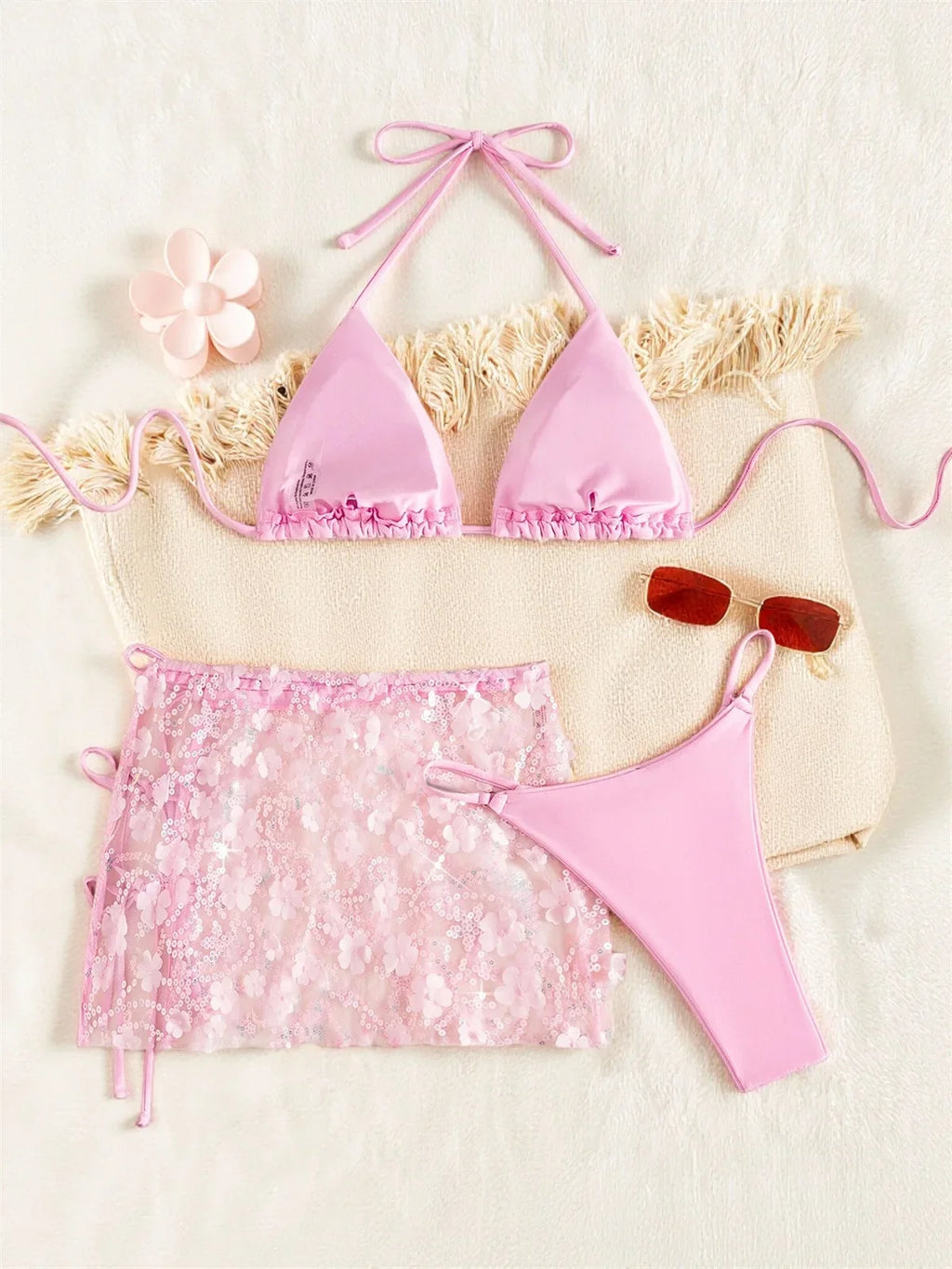Shiny Sequin Pink Mesh Skirt 3 Piece Bikini Set Women Push Up Bra Thong Swimsuit Brazilian Beach Bathing Suit Holiday Swimwear