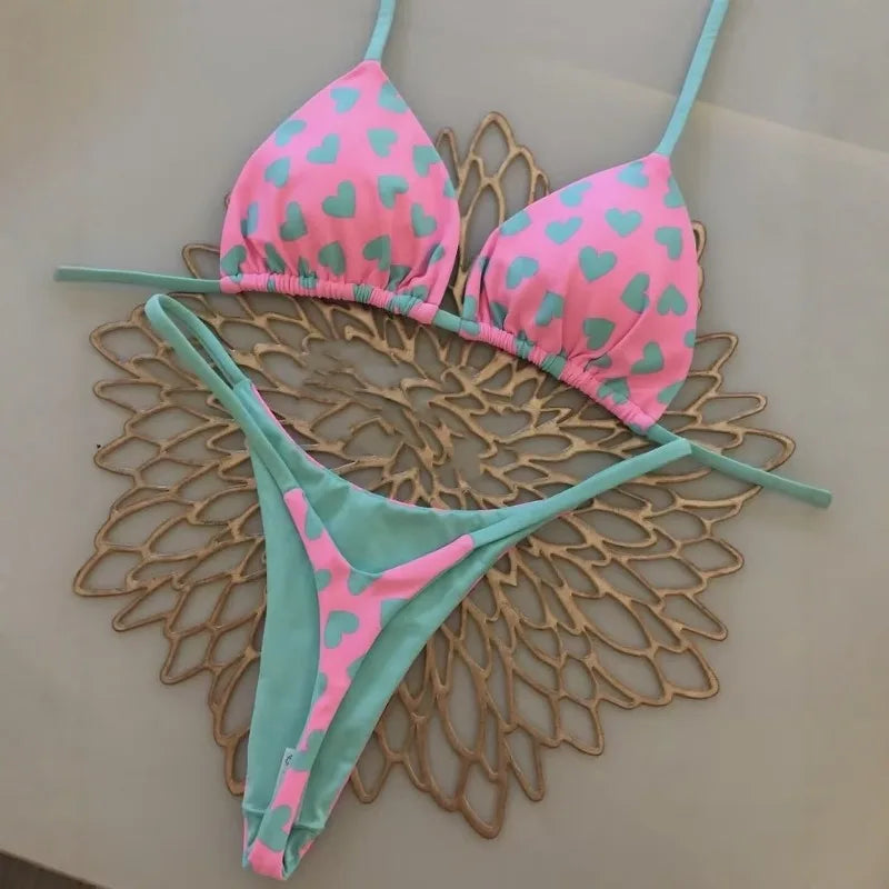 2026 Swimwear Women Cute  Cherry Print Brazilian Thong Bikini Set Sexy Thong Swimsuit Two Pieces Bathing Suit Women Beach Wear