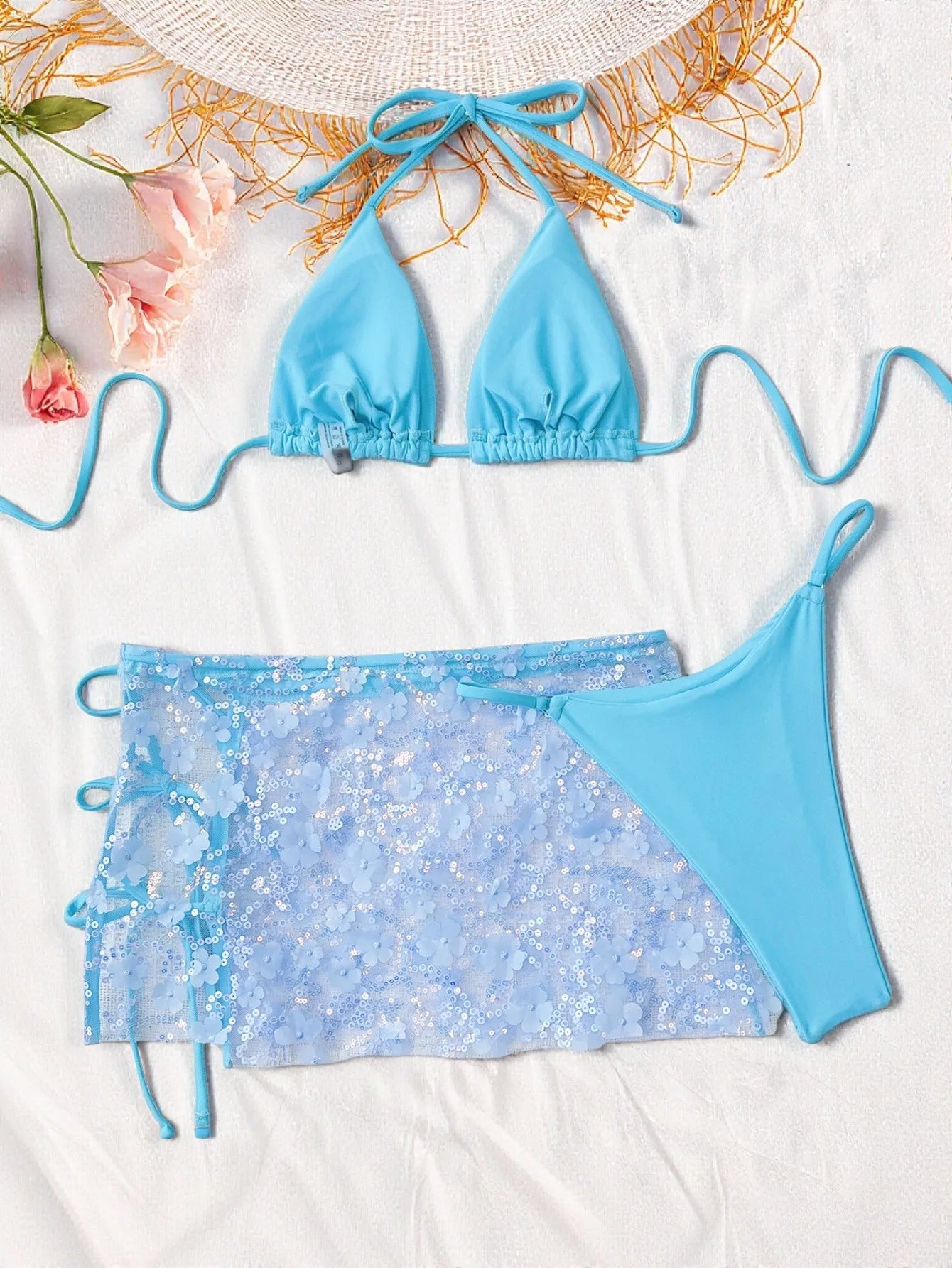 Shiny Sequin Pink Mesh Skirt 3 Piece Bikini Set Women Push Up Bra Thong Swimsuit Brazilian Beach Bathing Suit Holiday Swimwear