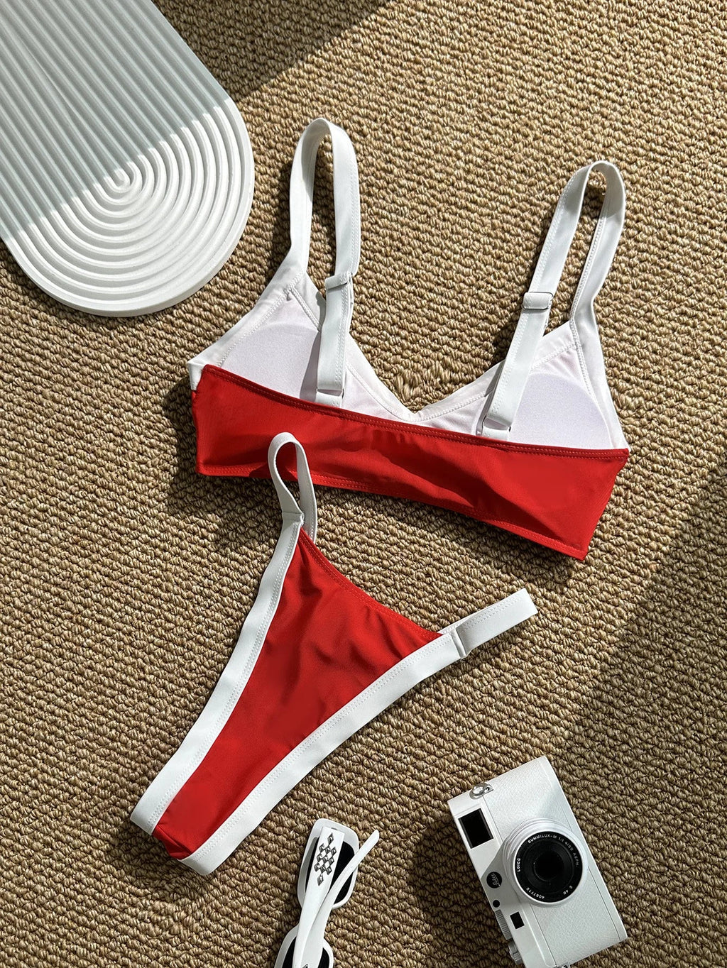 Sexy Red Contrast Bikini Set 2026 Women Halter Push Up Bra Pleate Thong Swimsuit Brazilian Beach Bathing Suit Holiday Swimwear