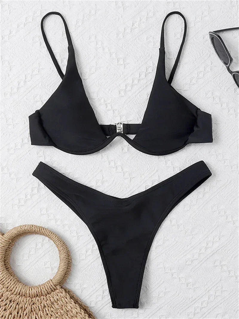 Sexy Underwire Bikini 2026 Mujer Women Solid Red Push Up Bra Thong Swimsuit Haler V Neck Bathing Suit Mini Micro Thong Swimwear