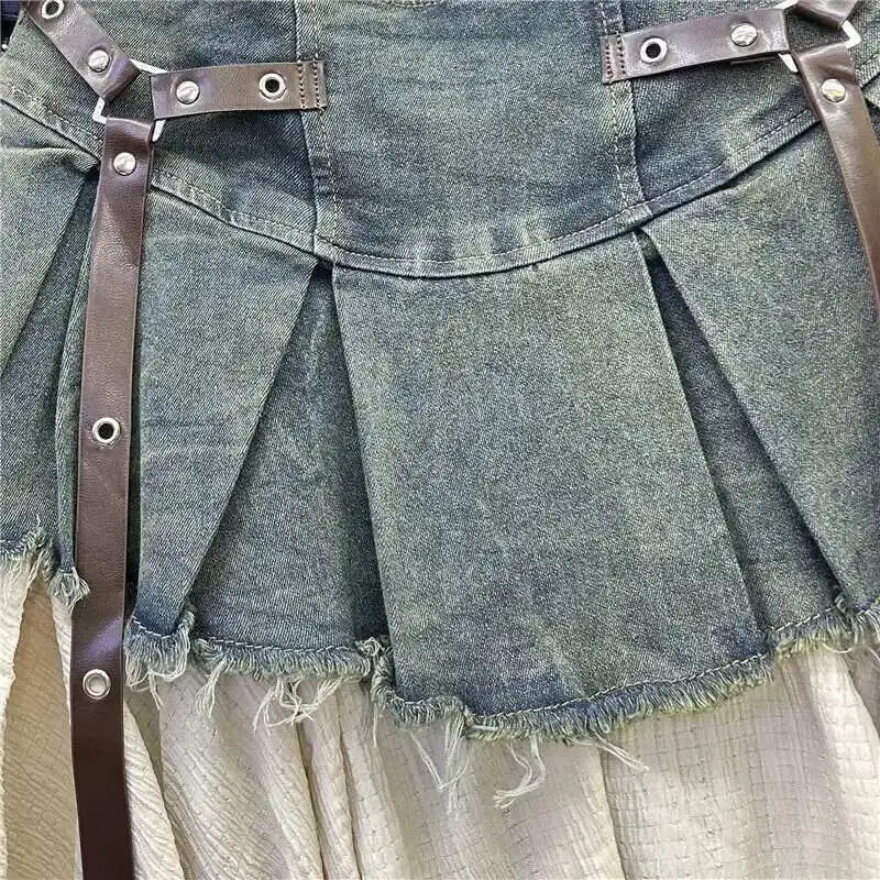 Retro Spliced Denim Pleated Skirt For Women Summer New Temperament Hot Girl Fashionable High Waist A-line Skirt Fashion AS1C