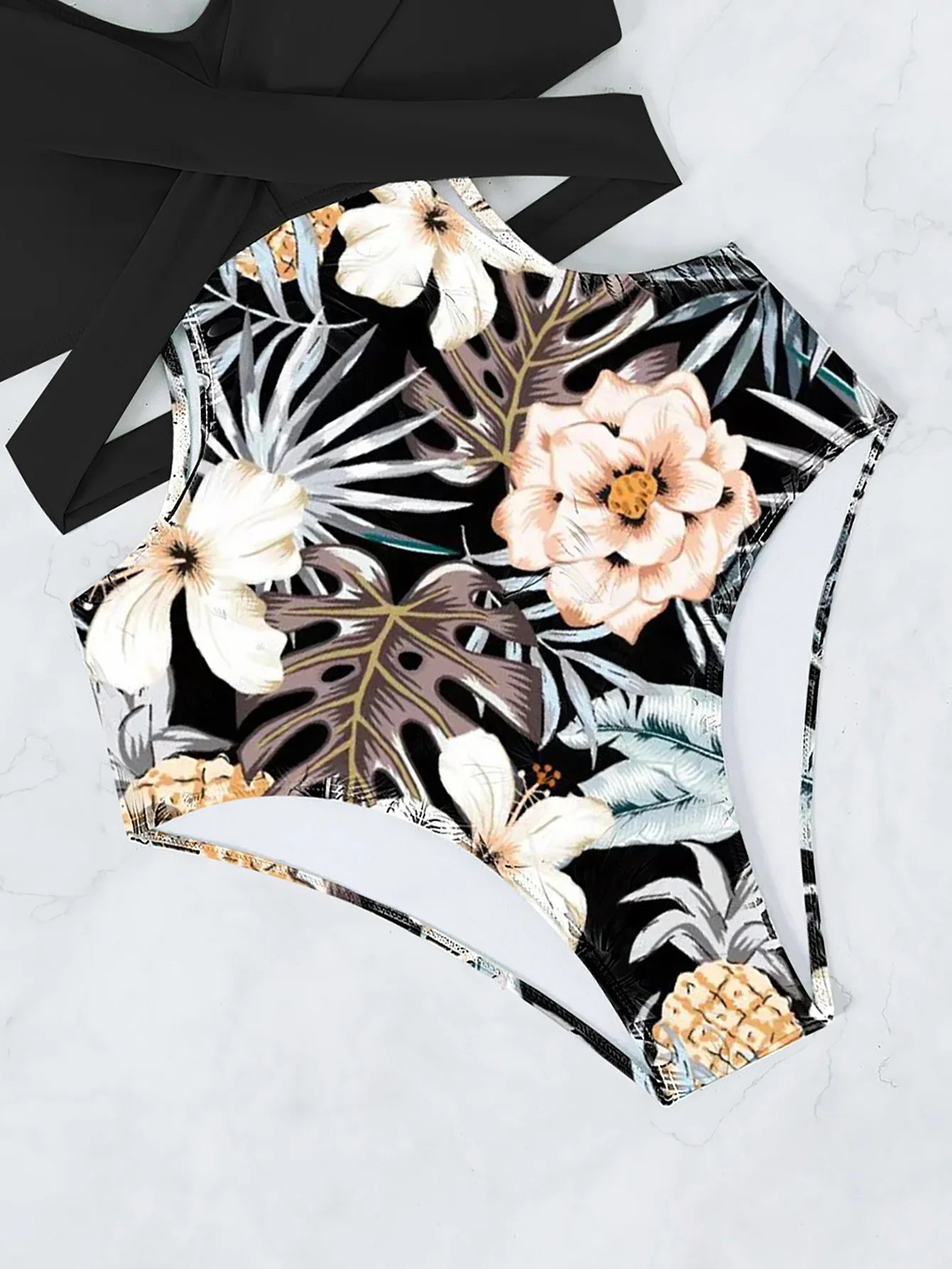 One Piece Swimsuit Women Vintage Green Floral Print Hollow Out Backless High Waist Bikini 2025 Bathing Suit Bandage Swimwear
