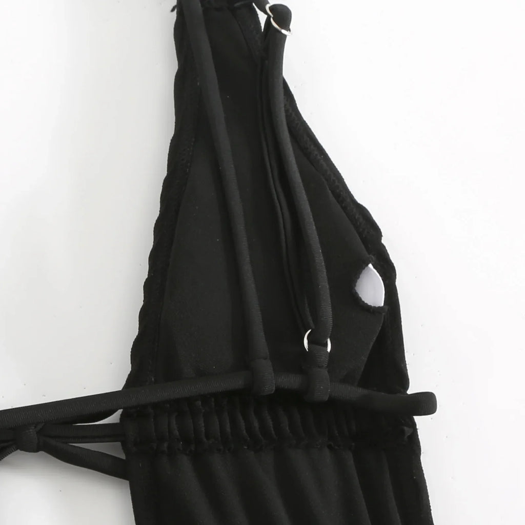 2026 New Deep V One Piece Black Swimsuit Halter Solid Color Women's Backless Bathing Suit Bandage White Swimwear For Female