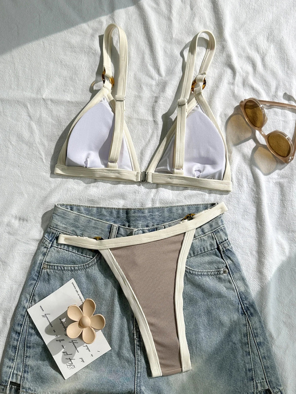 Sexy Khaki Patchwork Micro Bikini 2026 Women Brazilian Push Up Bra Metal Circle Thong Swimsuit Bathing Suit Holiday Swimwear