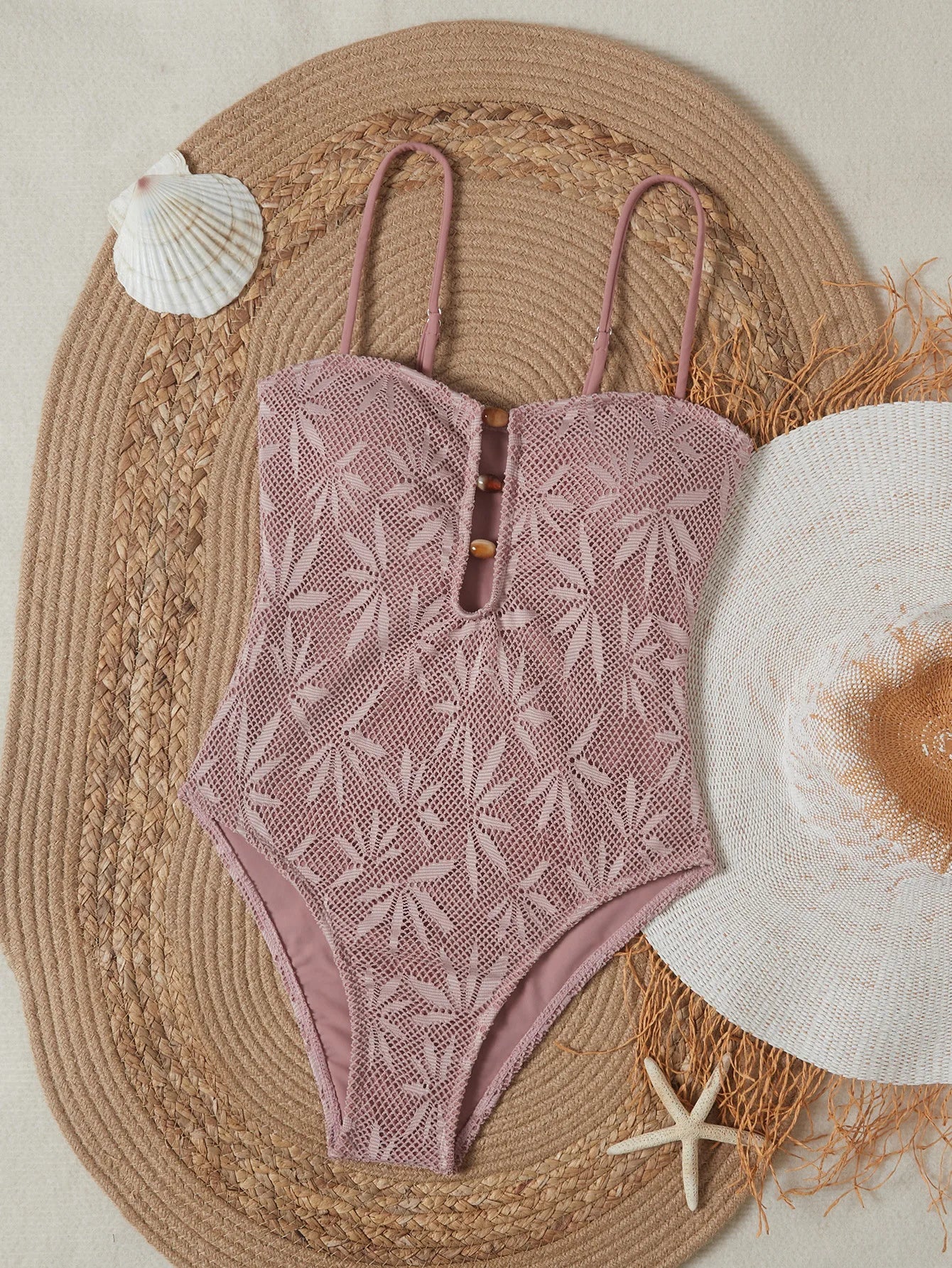 2026 Vintage Coffee Leaves Print One Piece Swimsuit Women Beaded String Hollow Out Backless Mesh Slim Fit Tummy Control Swimwear