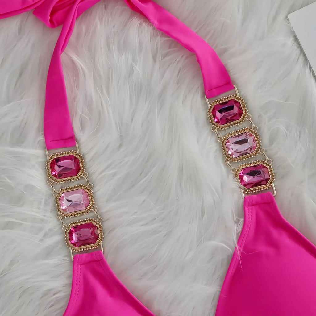 Sexy Rhinestone Bikini Set Women 2026 Luxury Pink Crystal Diamond Push Up Bandage Thong Swimsuit Beach Bathing Suit Swimwear