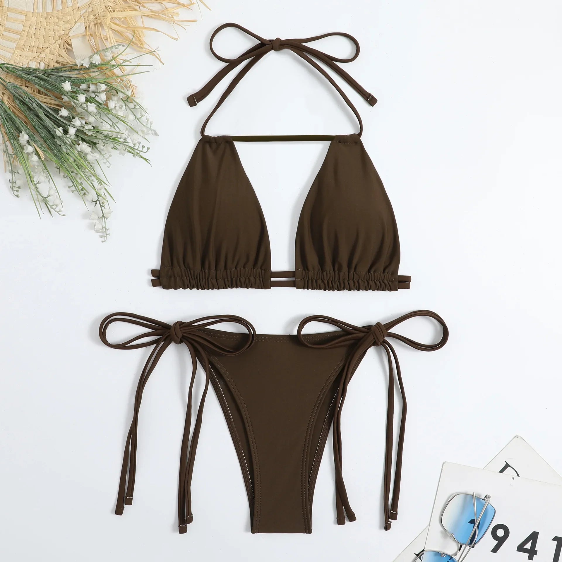Sexy Bikini 2024 Women Black Brown Halter Hollow Out Push Up Micro Swimsuit Brazilian Bathing Suit Tie Side Triangle Swimwear