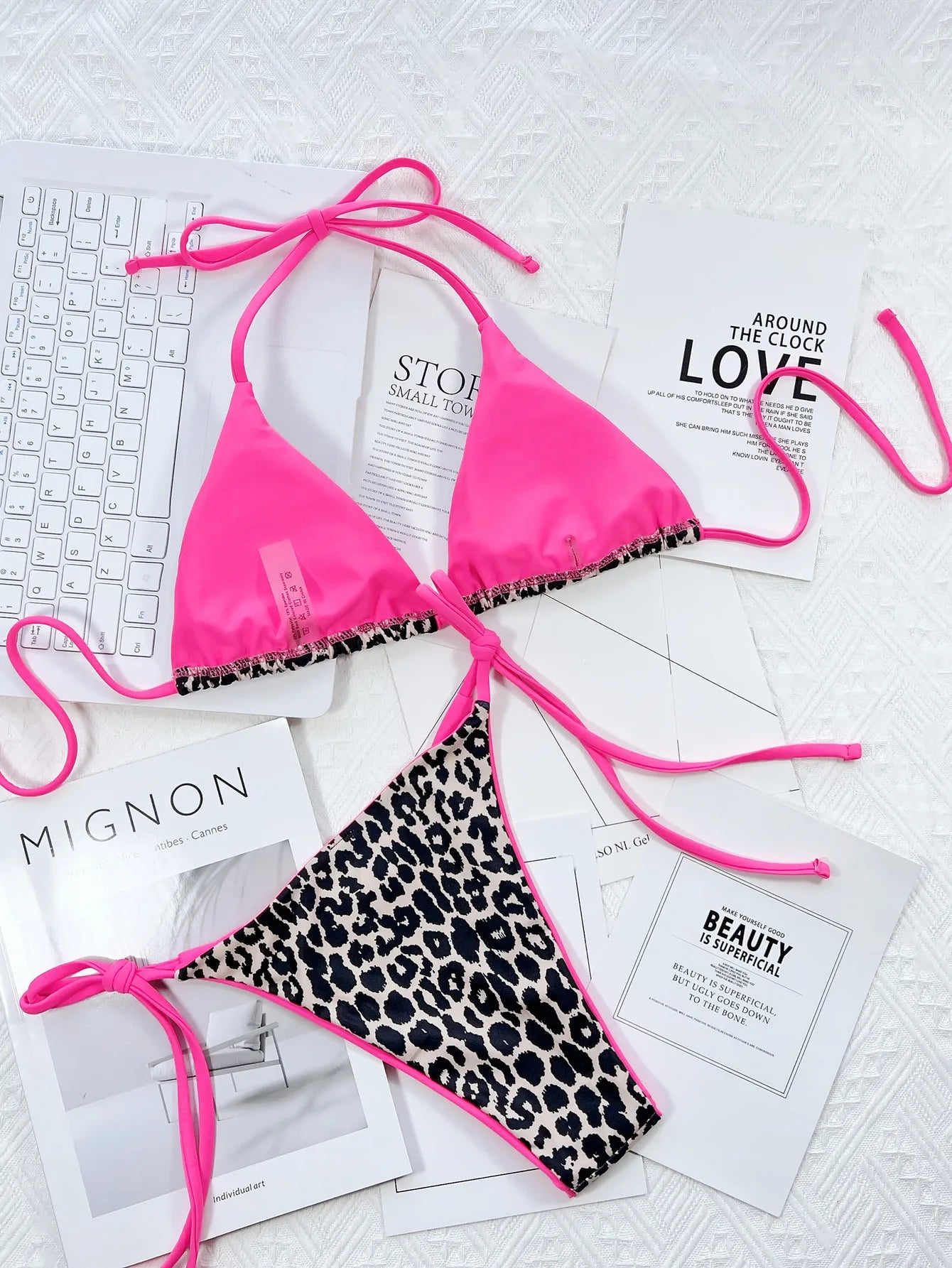 Sexy Mirco Bikini 2024 Women Neon Hot Pink Patchwork Triangle Swimsuit Beach Brazilian Bathing Suit Tie Side Thong Swimwear