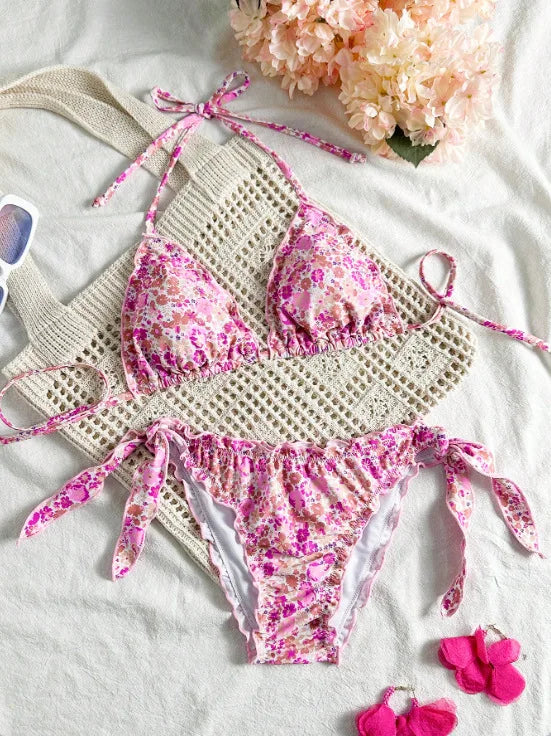 Cute Orange Floral Print Bikini Set Women Halter Ruffles Push Up Tie Side Thong Swimsuit 2026 Summer Bathing Suit Micro Swimwear