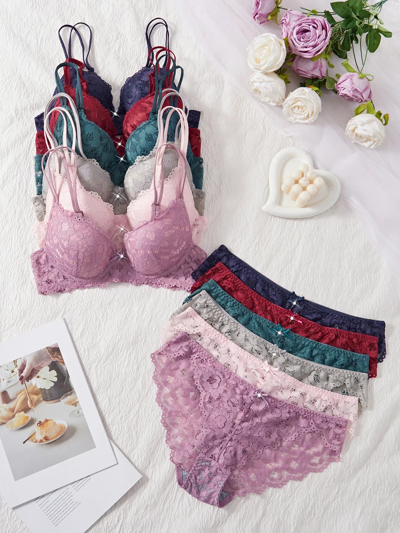 6-Piece Set Lace Women's Underwear Set No Lining Lace Push up Bra Comfortable Fitting Sexy Mesh Lace Panties Women's Bra Set