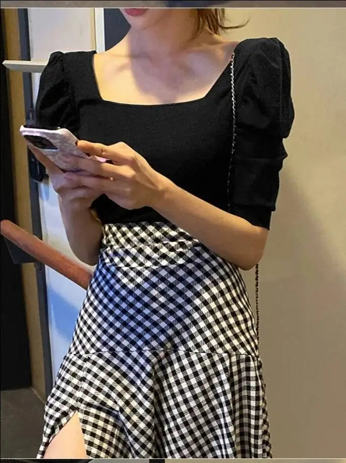 WOMENGAGA Korea Style 2023 Spring/Summer New High Waist Elegant Split Plaid Skirts Half Length Skirts Fashion Women 2023 22IV