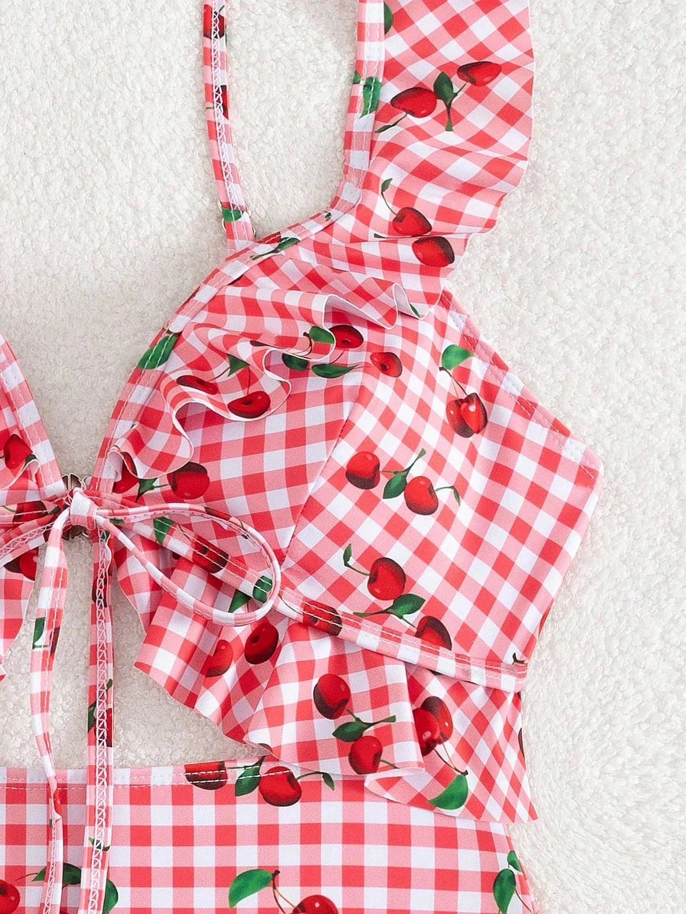 Vintage Pink Starberry Print One Piece Swimsuit 2026 Women Ruffles Bandage Cross High Waist Bikini Beach Bathing Suit Swimwear