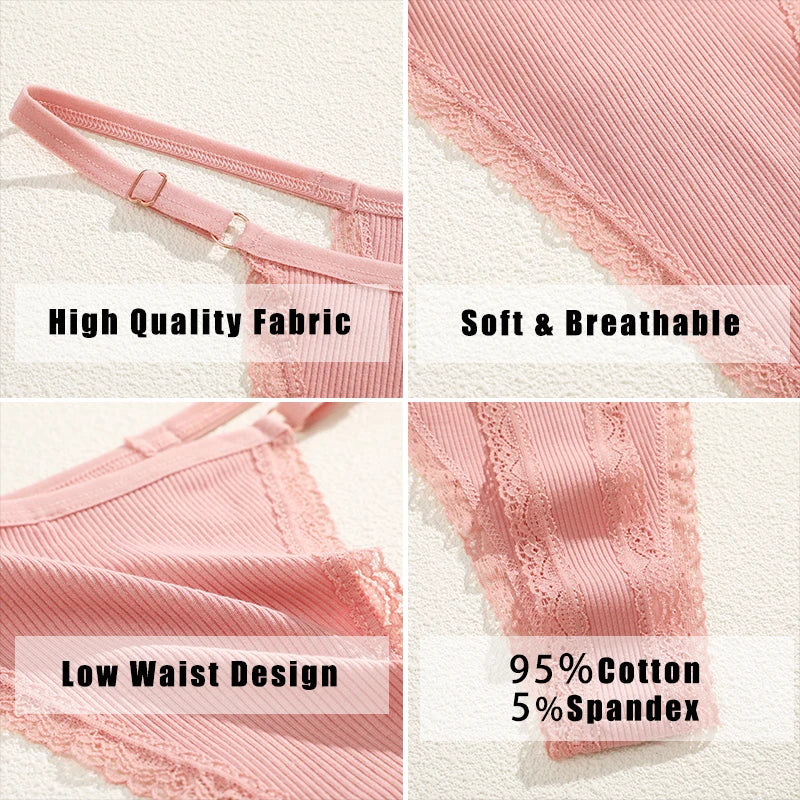 7Pcs Cotton Lace Panties Sexy G-String Women's Underwear Low Waist Comfortable Lingerie Briefs Adjustable Waist Thong Intimates