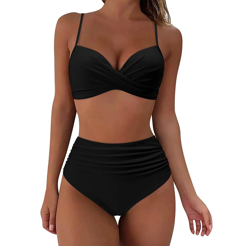2026 Black Sexy Based Print Split High Waist Bikini Swimsuit For Women Two Piece Solid Color Swimwear Woman Push Up