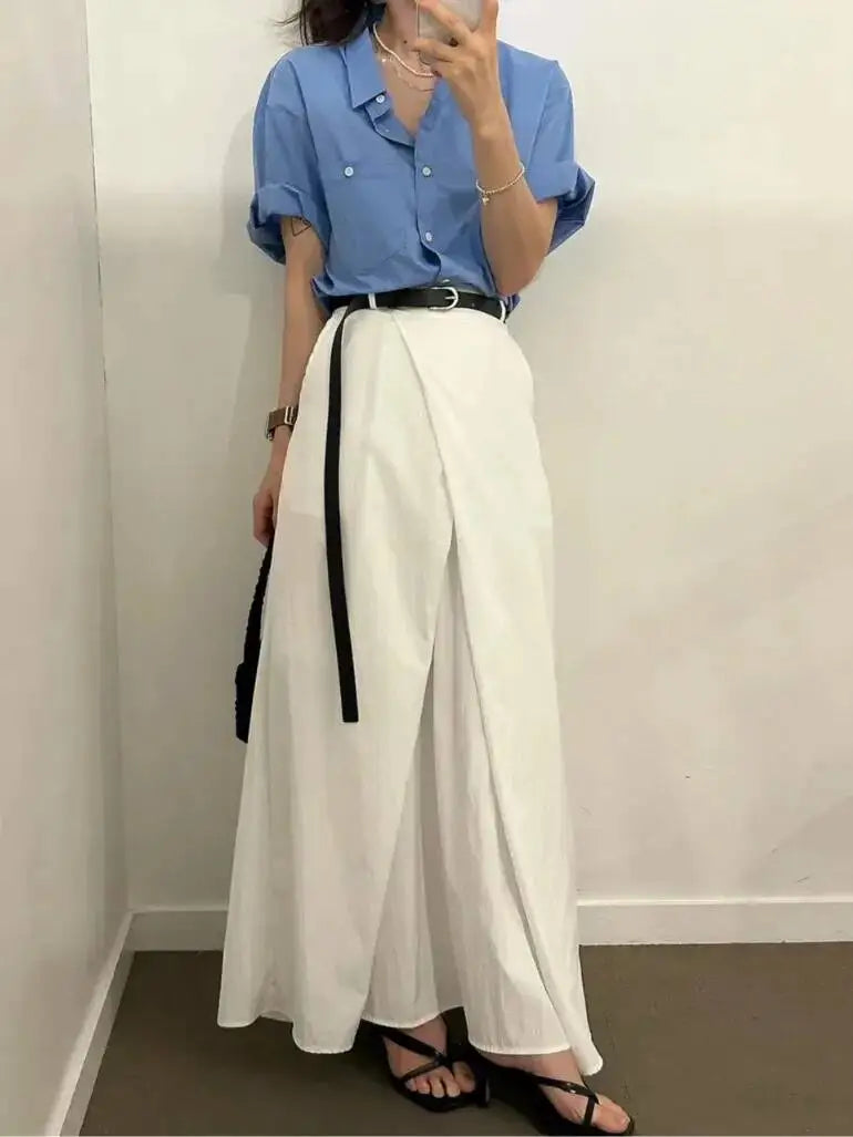 Loose Knee-Length A-Line Skirt Versatile Minimalist Design Commute High Waist Midi Pure Color Polyester Fiber Skirt WDM4
