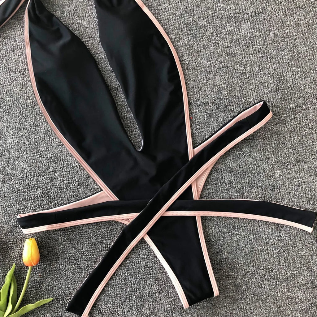 Sexy Bikini 2025 Swimsuit Woman Hollow Out Black Leopard Print Thong Swimwear Front Tie Bathing Suit Backless One Piece Swimsuit