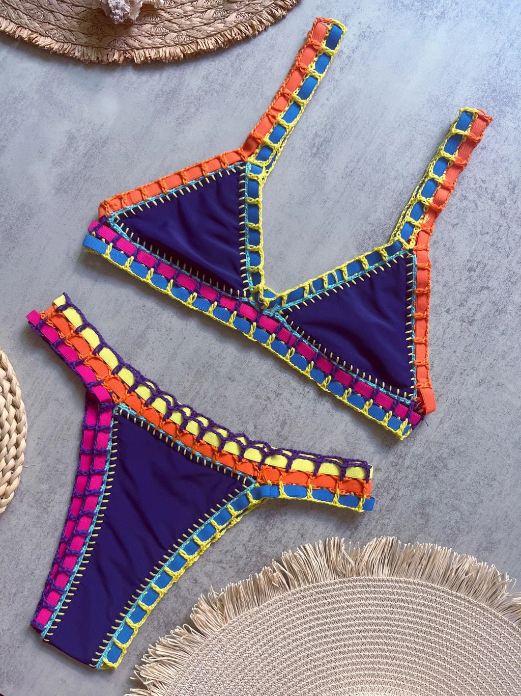 Sexy Black Patchwork Hand Crochet Bikini Set Women 2026 V Neck Push Up Bra Thong Swimsuit Beach Bathing Suit Knitted Swimwear