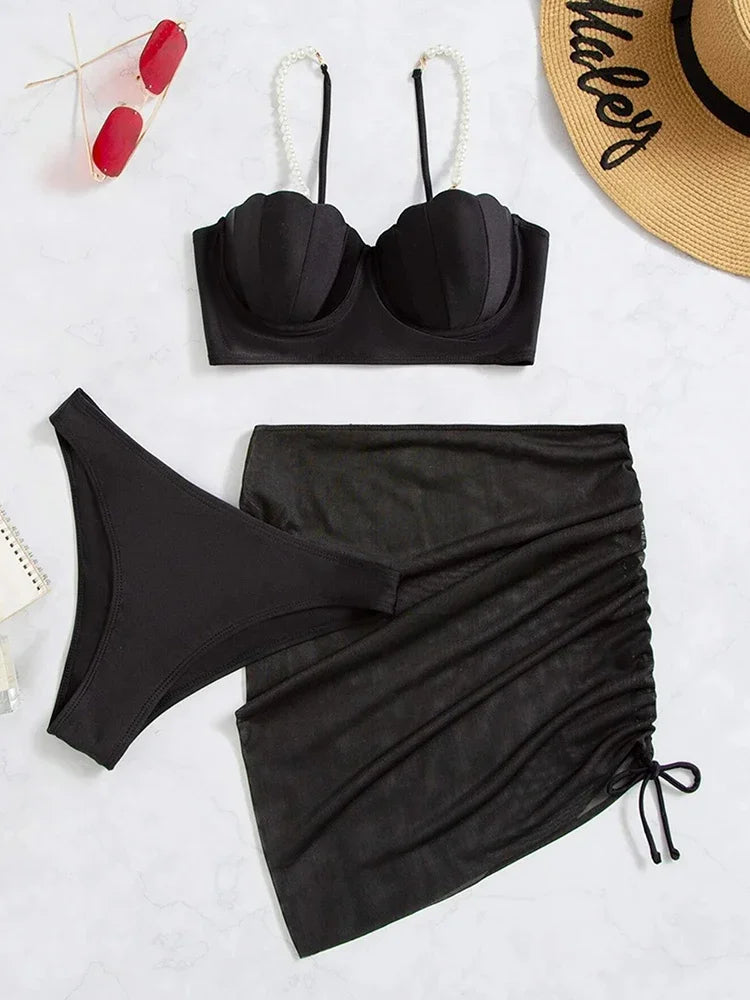 2024 New Sexy 3 Piece Bikinis Set Women Swimsuit with Skirt Swimwear Female Push Up Bikini Beachwear Faux Pearl Bathing Suit