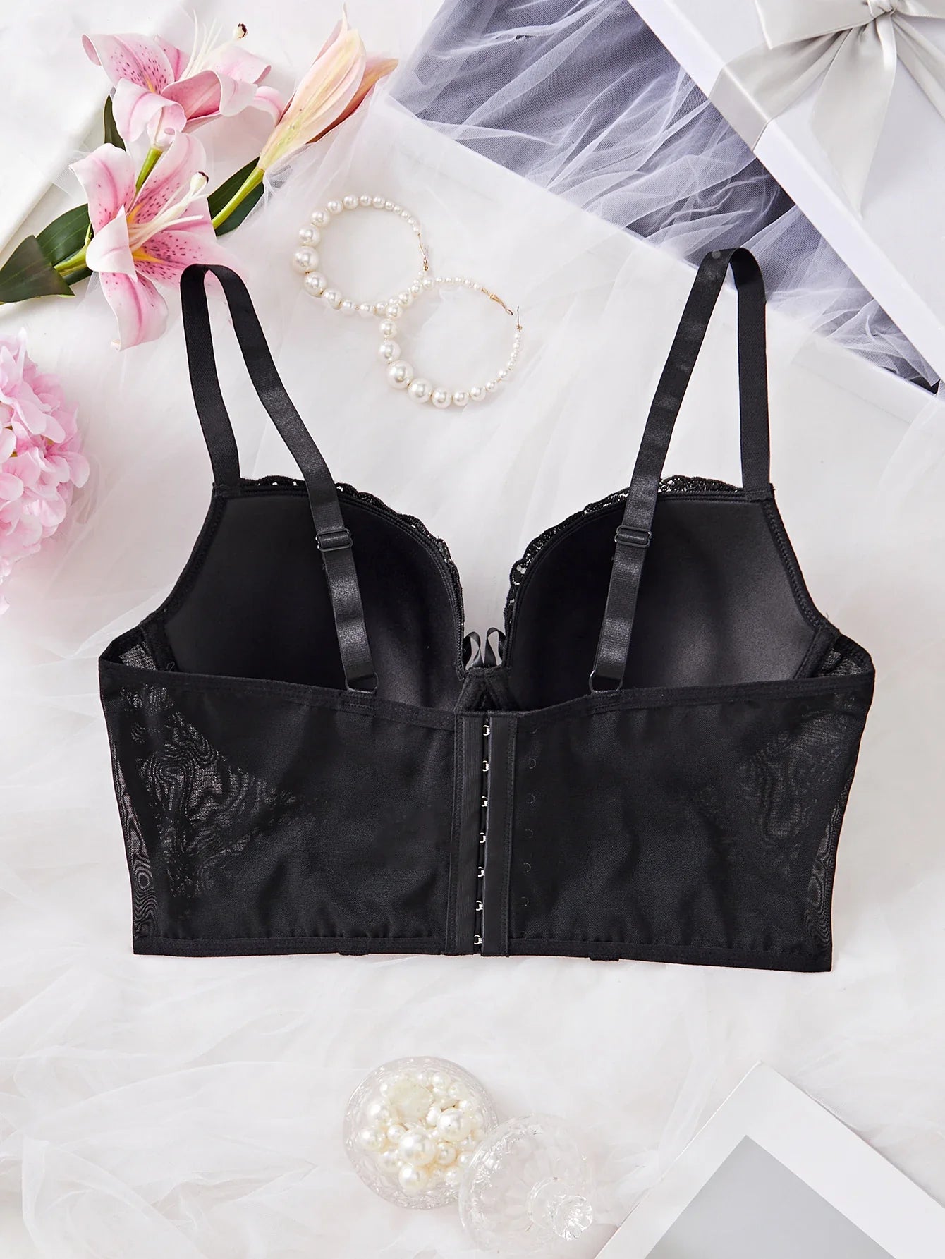 Plus Size Floral Embroidered Lace Bustier Bra – Push Up, Tummy Control & Non-Slip Corset Top