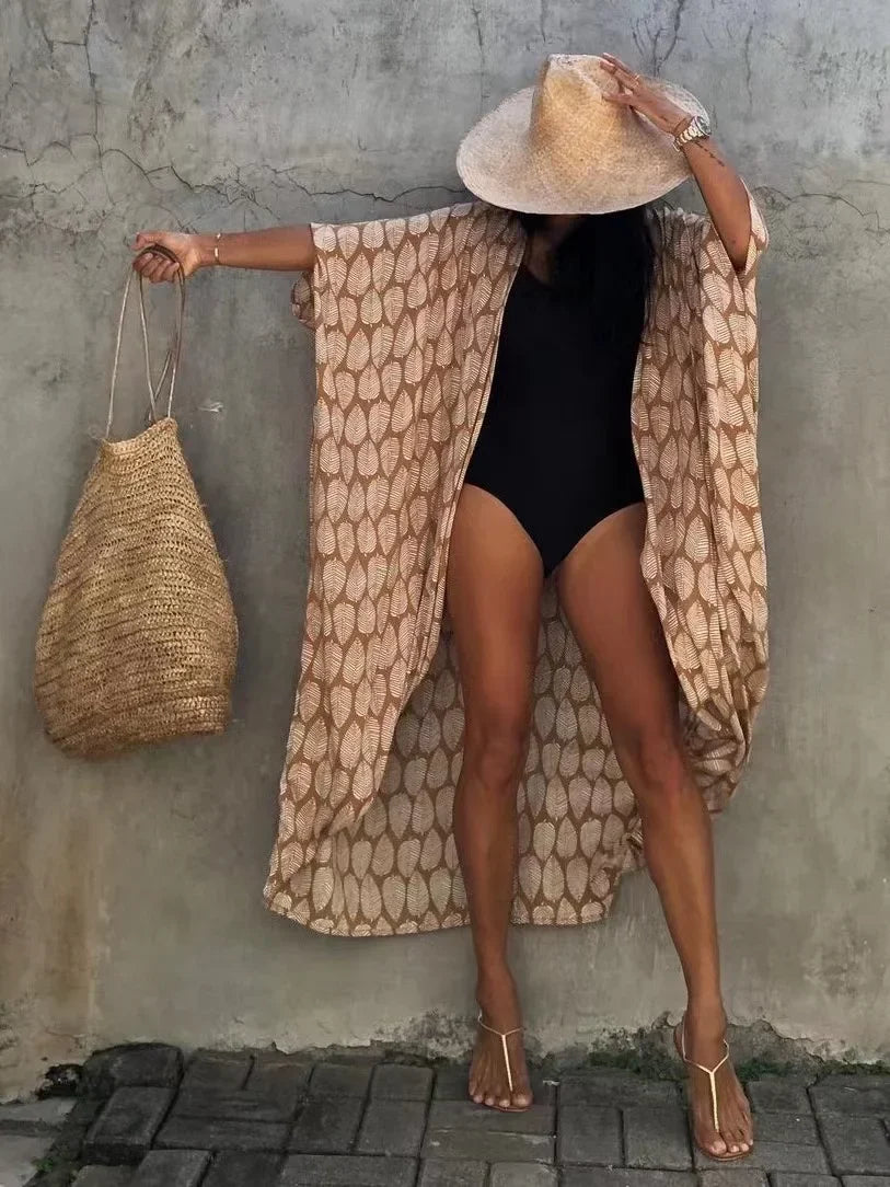 2024 New Summer Sexy Beach Kimono Swimwear Cotton Cover Up Swimsuit Women Print Bikini Cover Up Beachwear Dress Robe