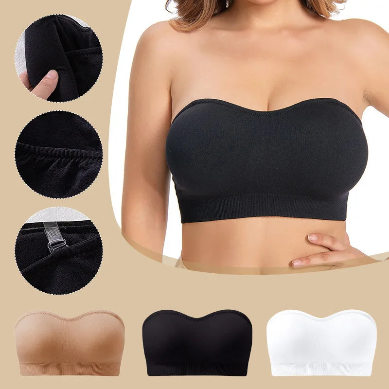 Women's Strapless and Wire-free Bandeau Bra with Full Cup Thin Mold Padding Non-slip Silicone Seamless Bra Plus Size Underwear